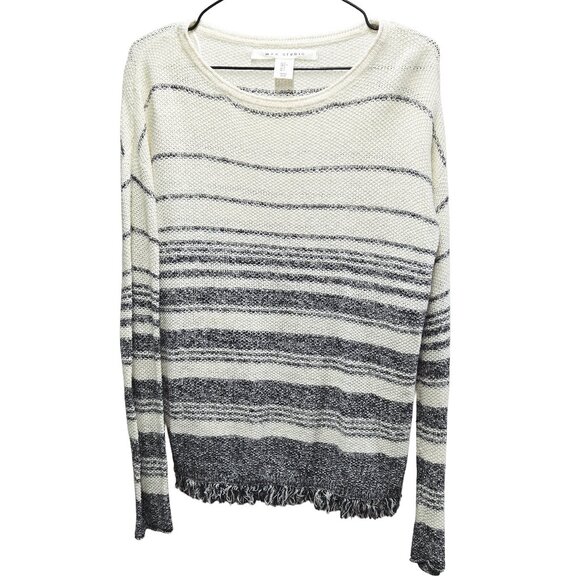 WOMEN'S MAX STUDIO KNIT NAUTICAL BLUE & IVORY STRIPED FRINGE HEM SWEATER SMALL - Picture 1 of 6